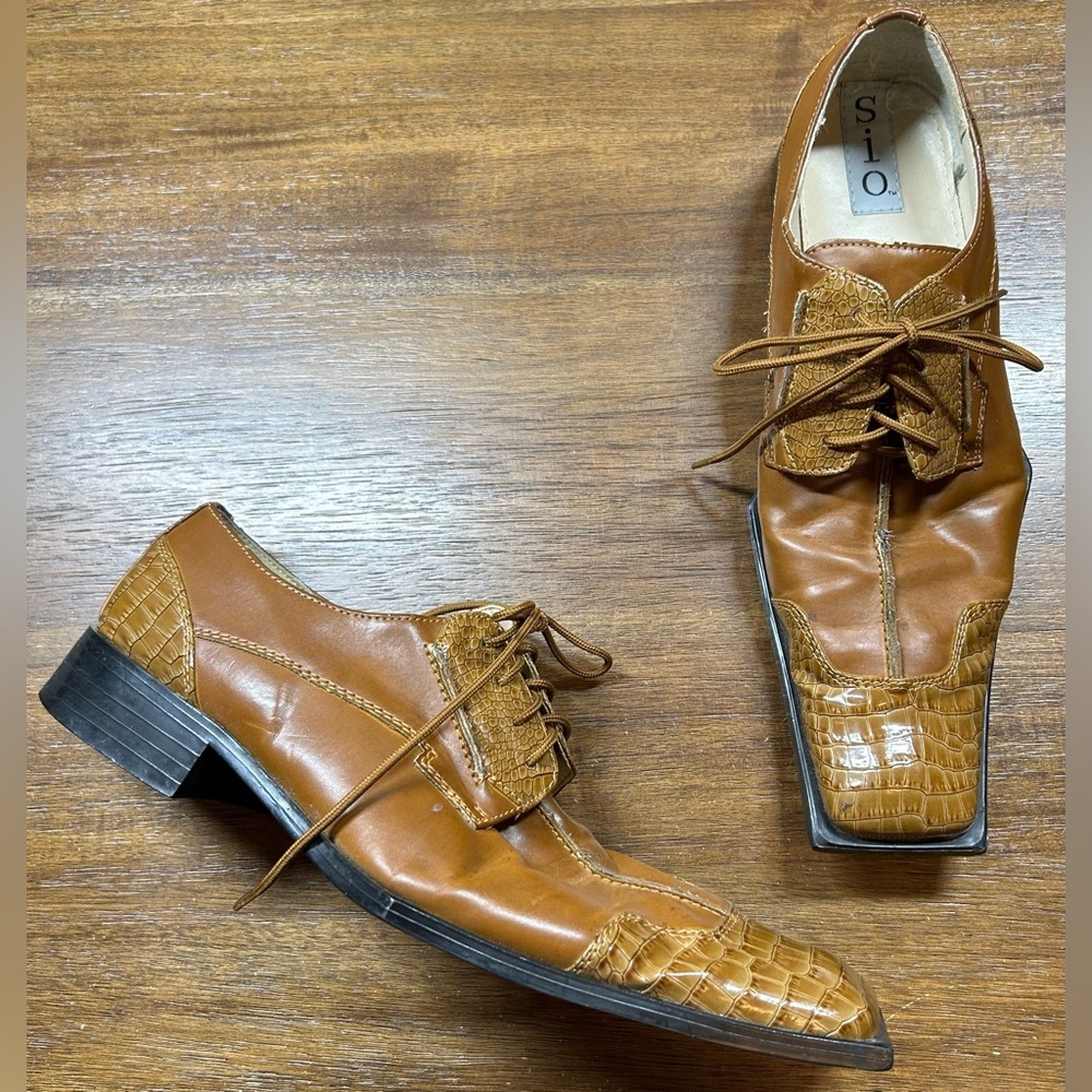 S.I.O. Men's Size 10 Brown Faux Leather Crocodile Square-Toe Oxford Dress Shoes